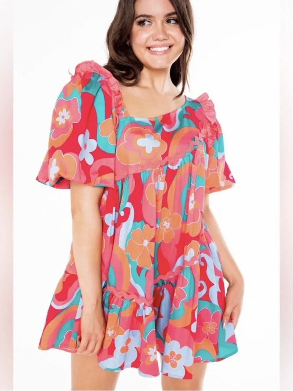 Alden Adair Chandler Trippy‎ Floral Ruffle Mini Dress